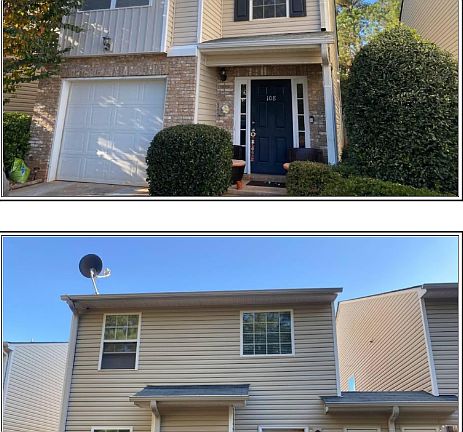 This is the front of the home and the backyard with an enclosed fence.