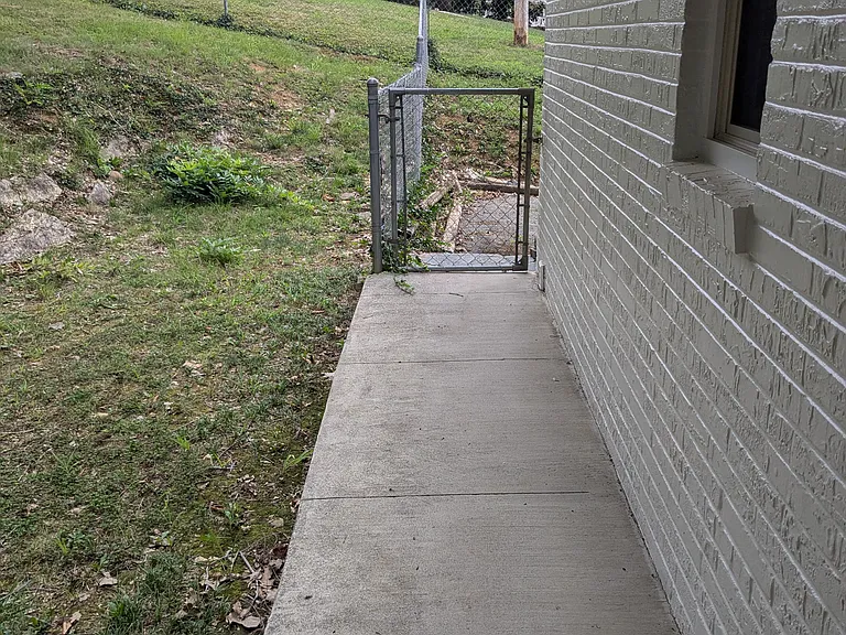 View of side yard and parking pad access from back patio