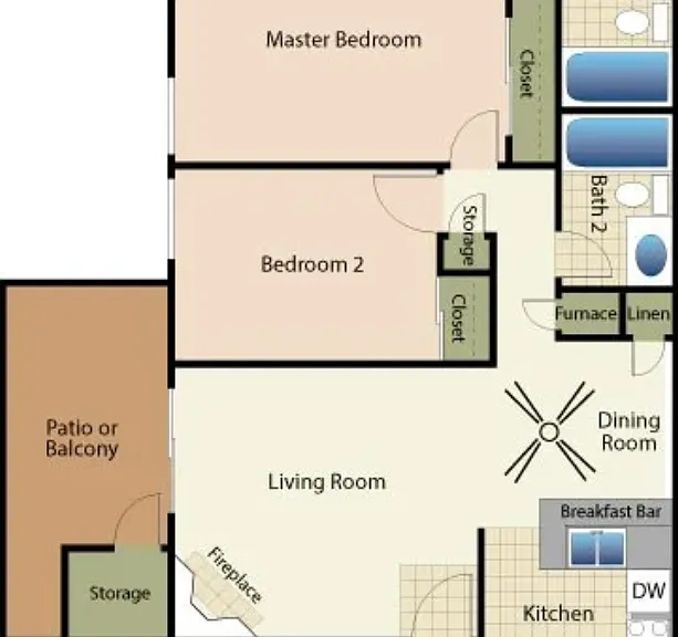 2 Bed 2 Bath A Floorplan Diagram