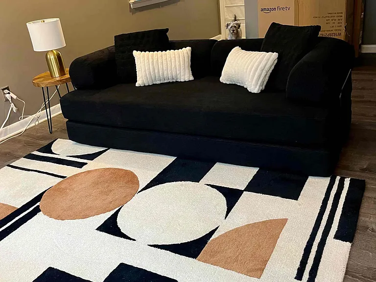Studio suite in basement with fold-out futon, tv, and beverage fridge.
