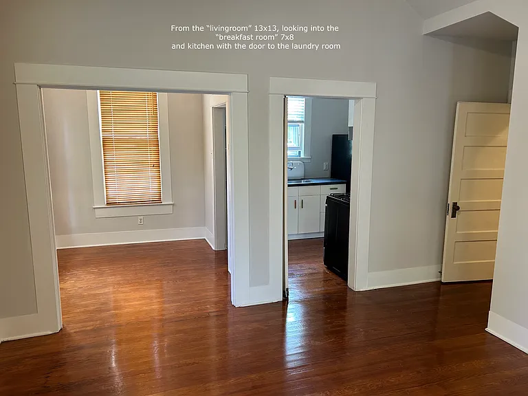 from the 13 x 13 living room space. View into to 7x8 "breakfast room" that has a door into the kitchen and also a door into the kitchen with a swinging door. The door to the right is the passage to the laundry room