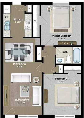 Floor plan 2 Bed 1 Bath A