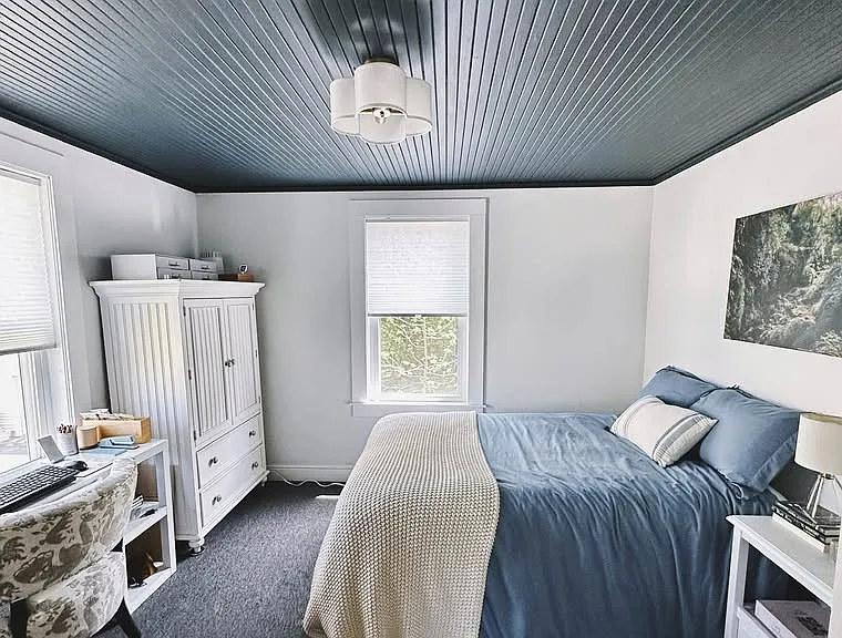 The guest bedroom or home office is located on the back of the home, off of the dining room.