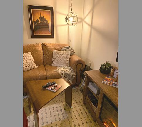 Living Area Sofa and Fireplace Element