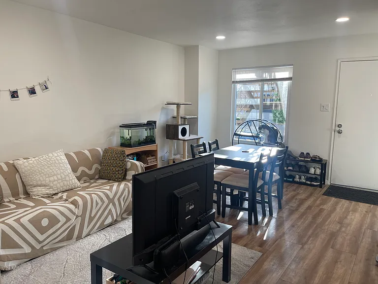 Wide shot of the living room. Shared couch, dining table, and TV.