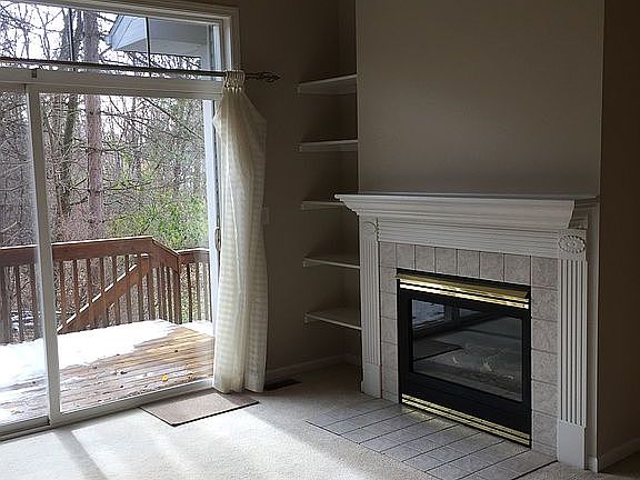 Fireplace, shelving, deck