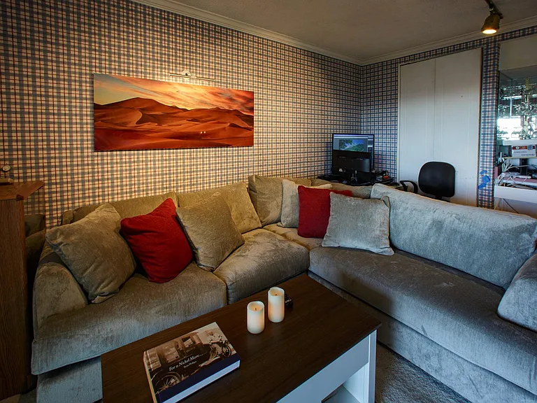 TV room with the computer station, wet bar, large screen TV and arguably one of the most amazing views of LA.