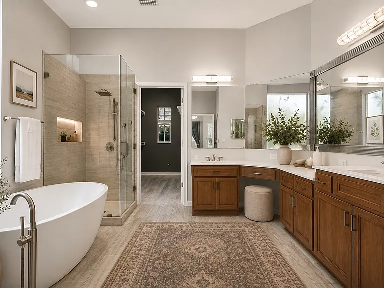 primary bath - Main level (virtually upgraded shower, tub, cabinets staged / AI generated) alternate view