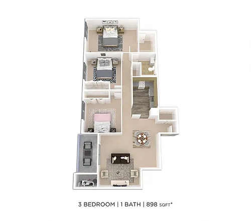 Floor plan Three Bedroom - 898 sqft