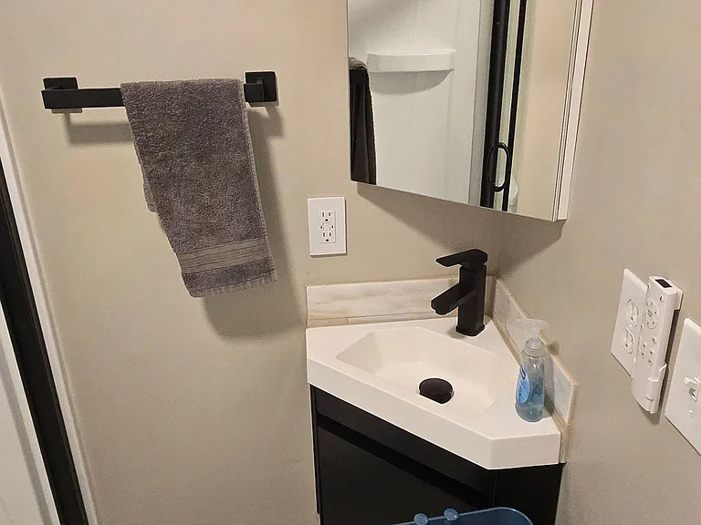 Compact bath with corner vanity, matte-black fixtures, mirrored cabinet storage, and a walk-in shower.