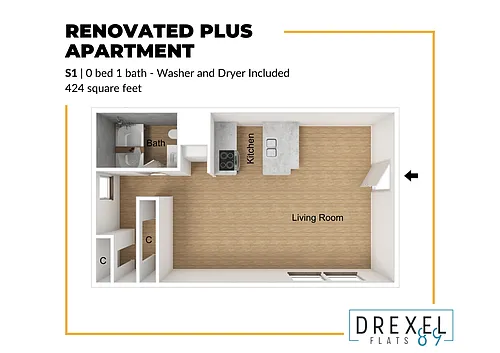 Floor plan B1 Renovated Plus (Washer and Dryer Included)