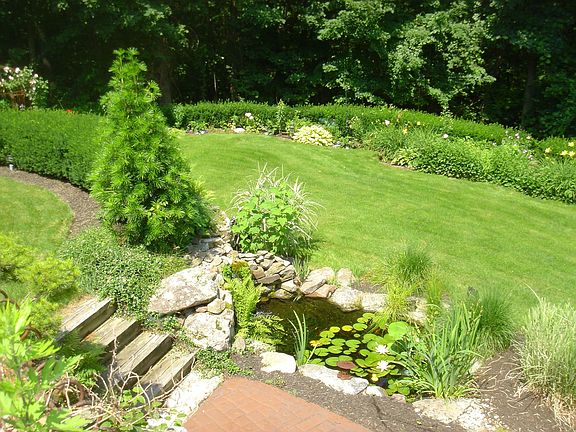 koi pond with waterfall, terraced landscape