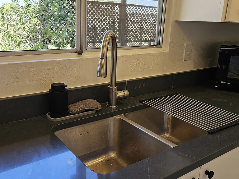 Double sink with garbage disposal.