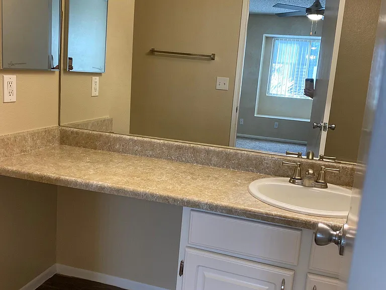 downstairs 2 bedroom - main bedroom bathroom - mirrow, cabinet, vanity, sink
