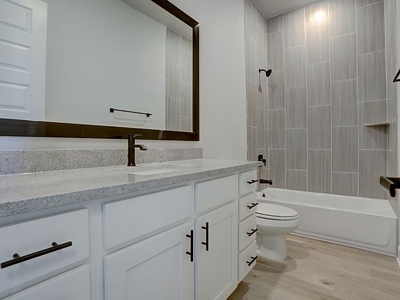 Secondary bathroom with a tile-lined dual shower and bath tub.