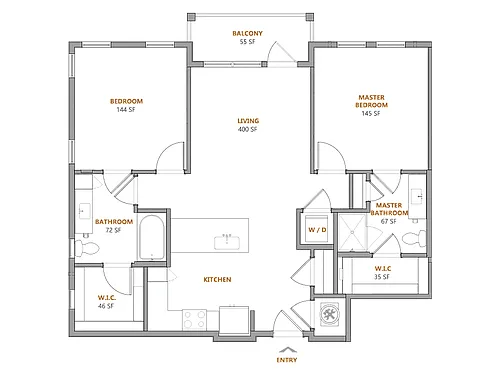 Floor plan 2 Bed, 2 Bath A