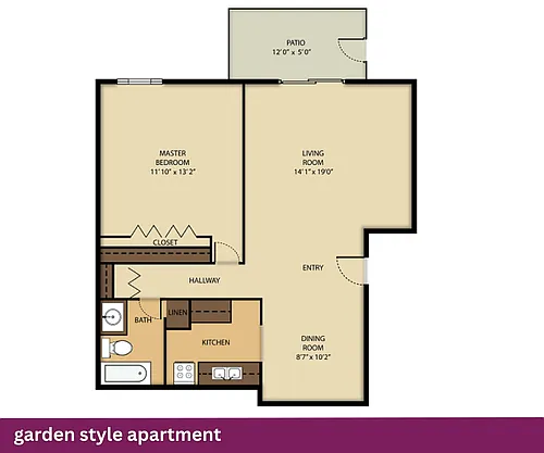 Floor plan Garden Style Apartment: 1 Bed + 1 Bath