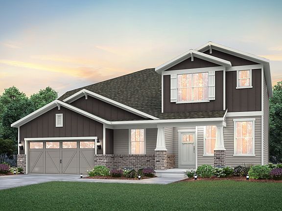Home Design CR2G Elevation includes brick wainscot. See sales for details.