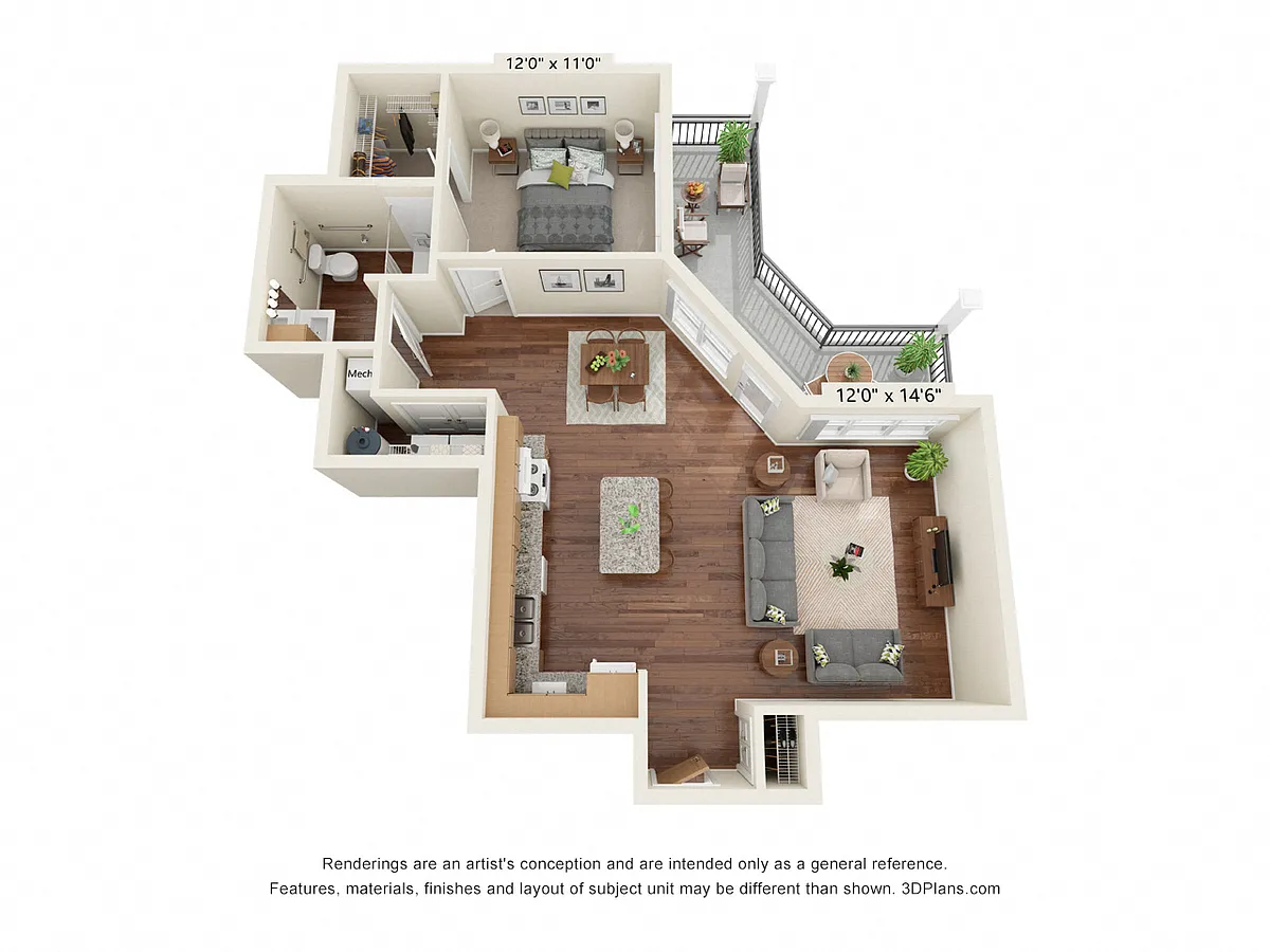Floor plan One Bedroom - A3 (Wheelchair Accessible)