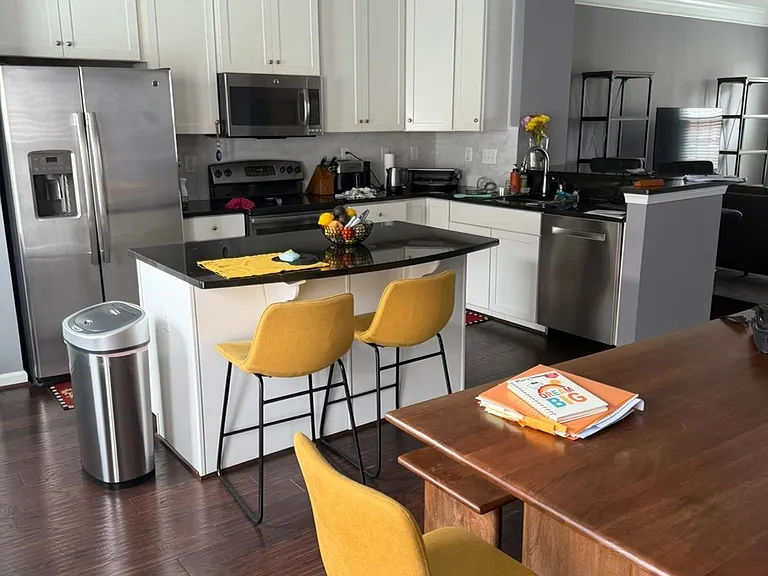 spacious kitchen, dining room area