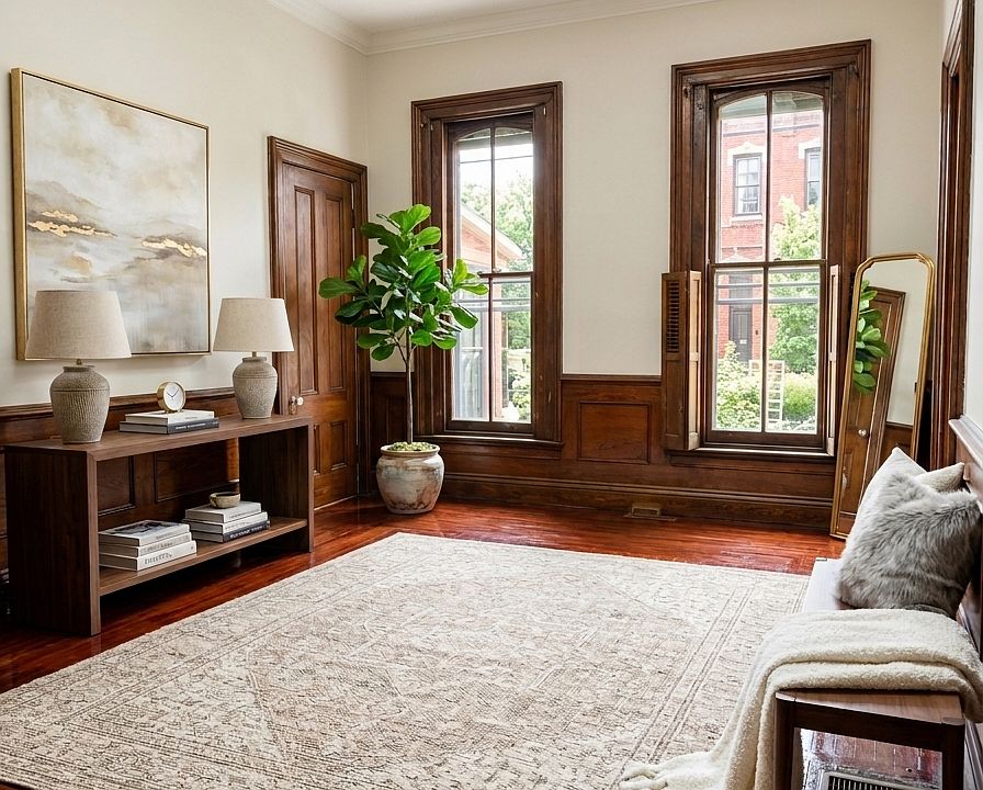 Large living space with restored original hardwood and high ceilings
