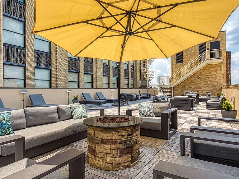 Shaded seating on the Rooftop Patio