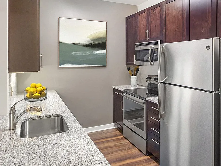 Contemporary kitchens with granite countertops, under cabinet lighting and GE stainless steel appliances