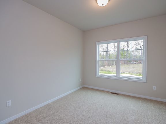 Empty room in new homes in Richmond VA, with beige walls, carpet, ceiling light, and a window showin