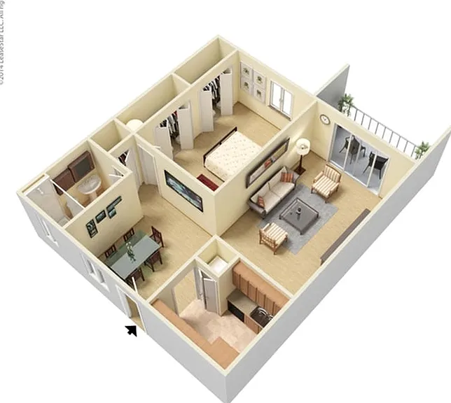 Charming 3D floor plan showcasing one-bedroom apartment with a spacious living room, modern kitchen, elegant dining area, and balcony access. Charming 3D floor plan showcasing one-bedroom apartment with a spacious living room, modern kitchen, elegant dini