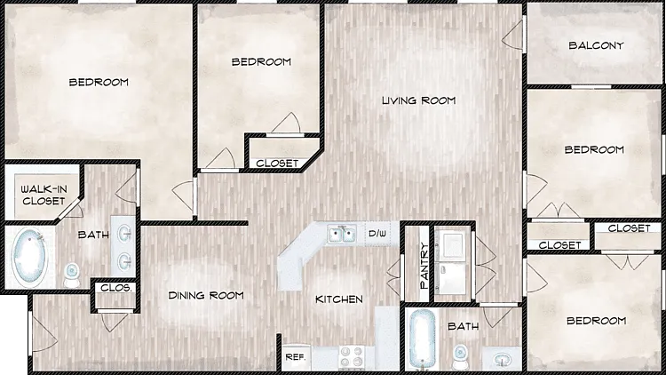 4 Bed 2 Bath Floorplan Diagram