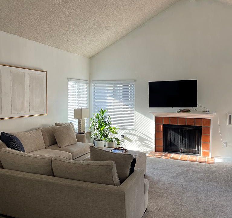 living room and fireplace