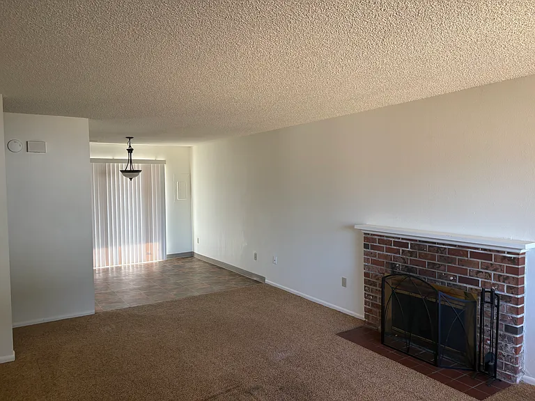 Close up view of fireplace, and dining area