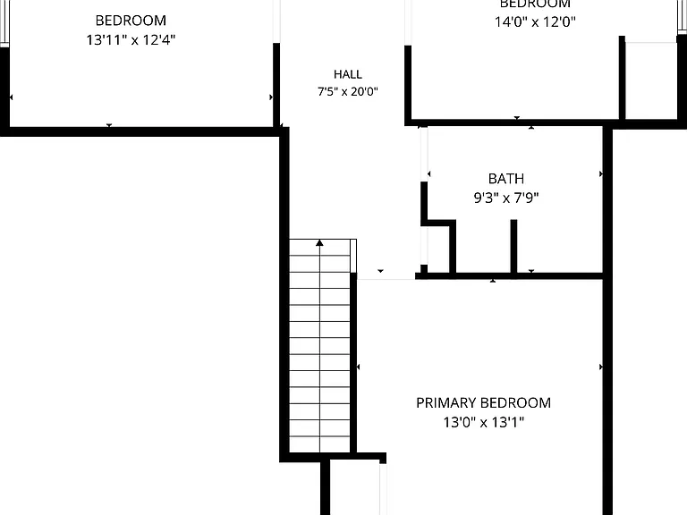 2nd floor floor plan layout showing room sizes and flow between hallway, bathroom and bedrooms.