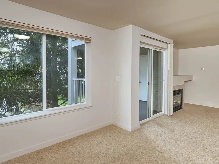 Carpeted Living Room with Fireplace and Balcony
