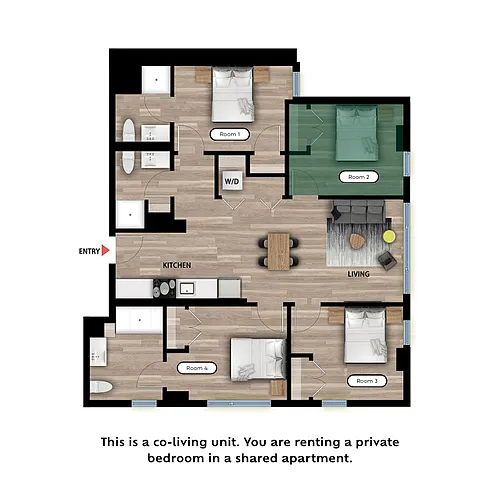 Floor plan Private Bed in a 4 Bed 3 Bath A - RM2