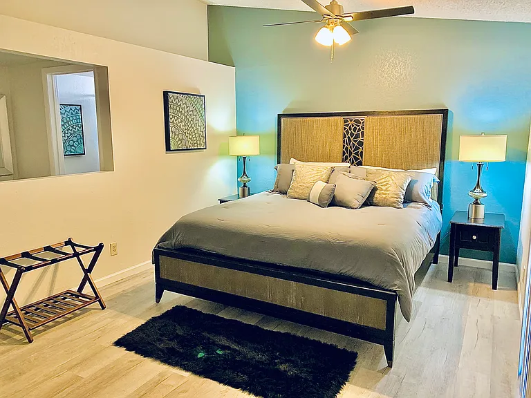 large Master bedroom with Master bath on the left when furnished