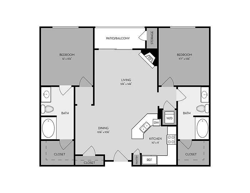 Floor plan 2 Bed, 2 Bath A (Pearl Plan - Renovated)
