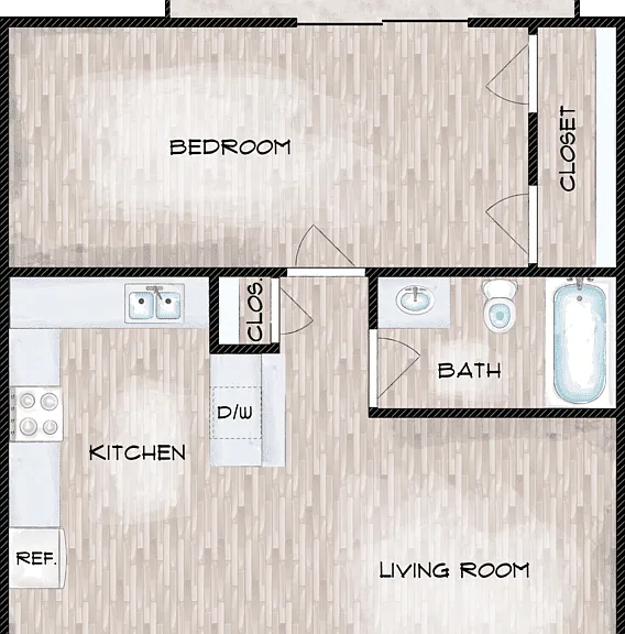 1 Bed 1 Bath Floorplan Diagram