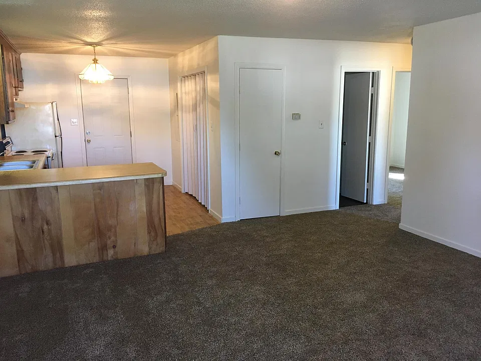 Large living room, countertop can accommodate barstools. Room in kitchen for a tiny table.