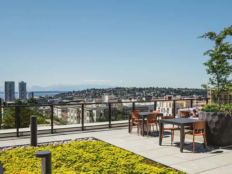 Look out at the mountains, city and Sound while you eat lunch or work from home on the rooftop