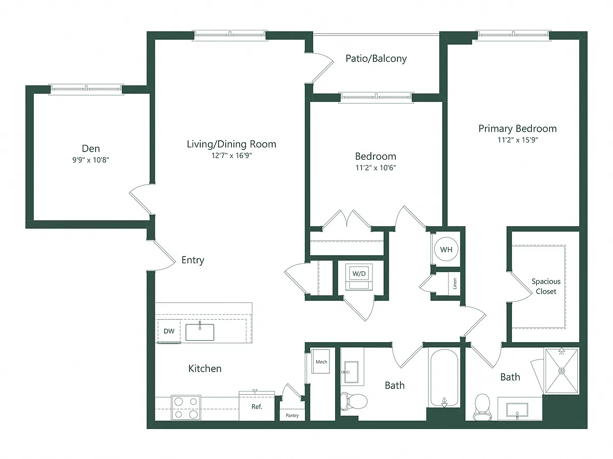 Floor plan 2C+D | 2 Bed | 2 Bath | Den