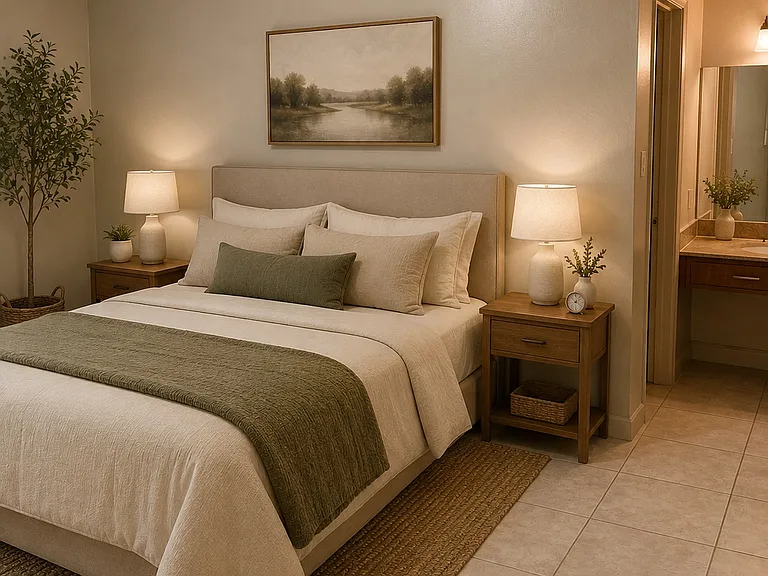 Spacious primary bedroom featuring a walk-in closet and private ensuite bath, creating a comfortable retreat with plenty of storage and privacy. (Virtually staged.)