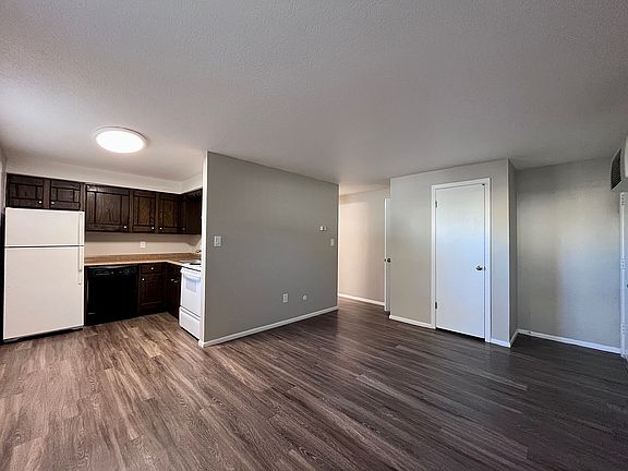 Modern open-plan kitchen and living area with elegant dark wood cabinetry and sleek flooring, offering a spacious and inviting environment.