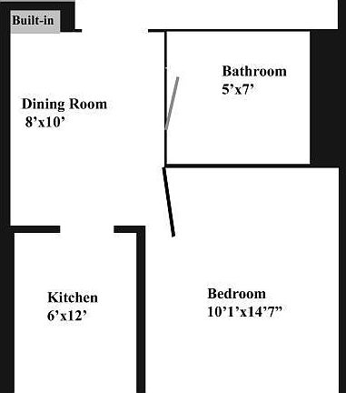Floor Plan of similar apartment. This apartment has additional windows and a 2nd bedroom instead of a den.