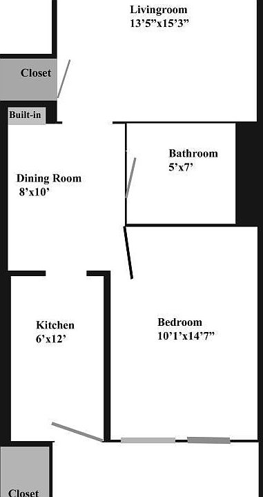 Floor Plan of similar apartment. This apartment has additional windows and a 2nd bedroom instead of a den.