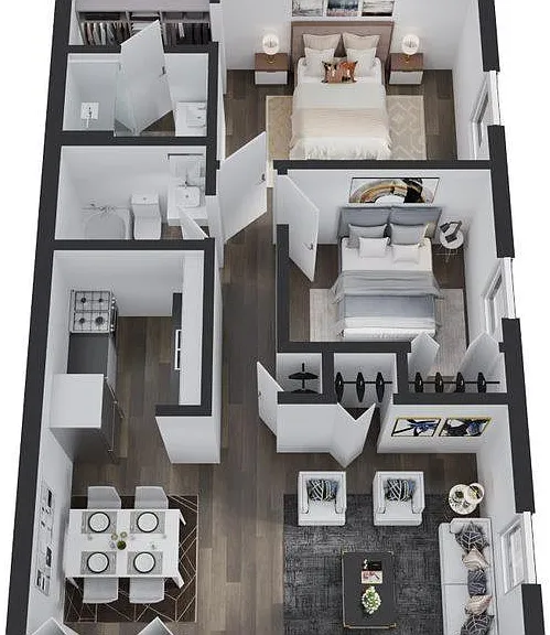 Two Bedroom - 3D example with furniture