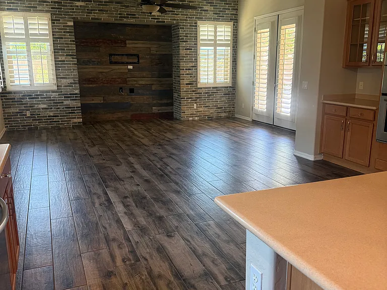 Kitchen island, eating area, back living room