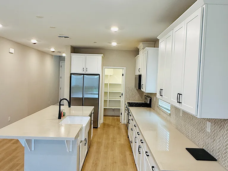 Modern Kitchen with stainless steel appliances, quartz countertop and white cabinet. Walk-in pantry adjacent to the refridegrator.