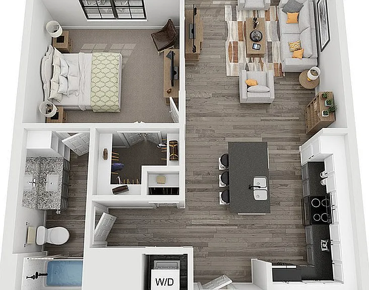Explore this chic apartment design with seamless flow from the living area to the kitchen. Explore this chic apartment design with seamless flow from the living area to the kitchen.