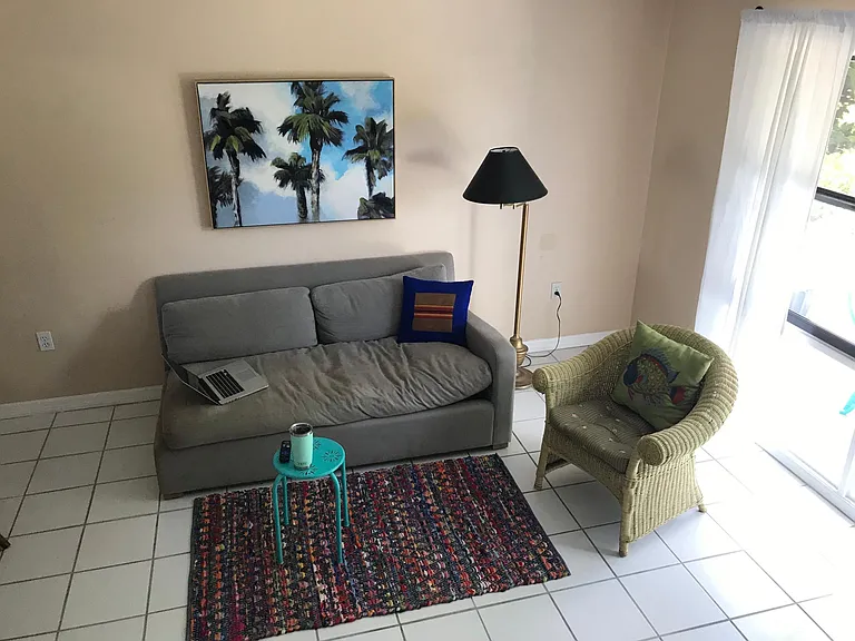 Living room overlooks front yard and patio.